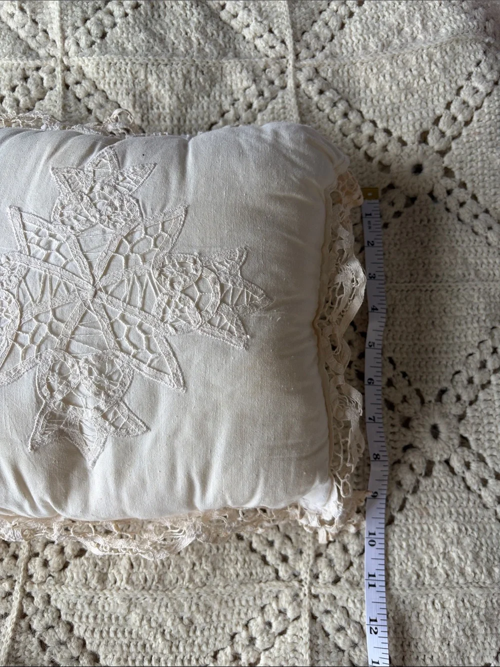 Handcrafted vintage Cream Decorative batternberg lace Pillow some yellowing